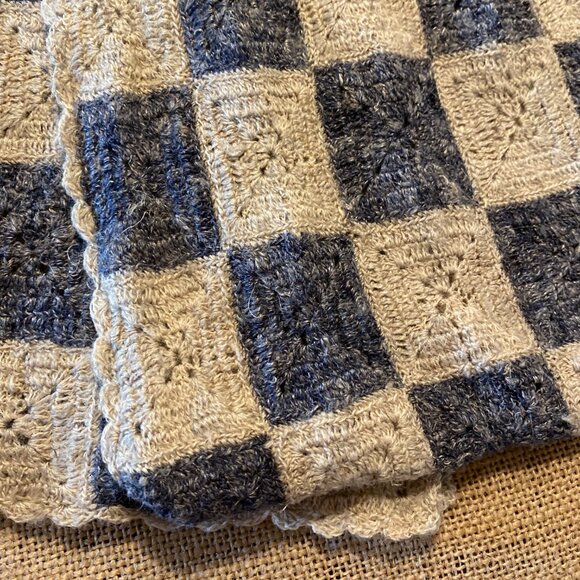 Margaret O’Leary Long Knit Scarf Blue Cream Checkered Linen Wool 80 Inch - Picture 3 of 10